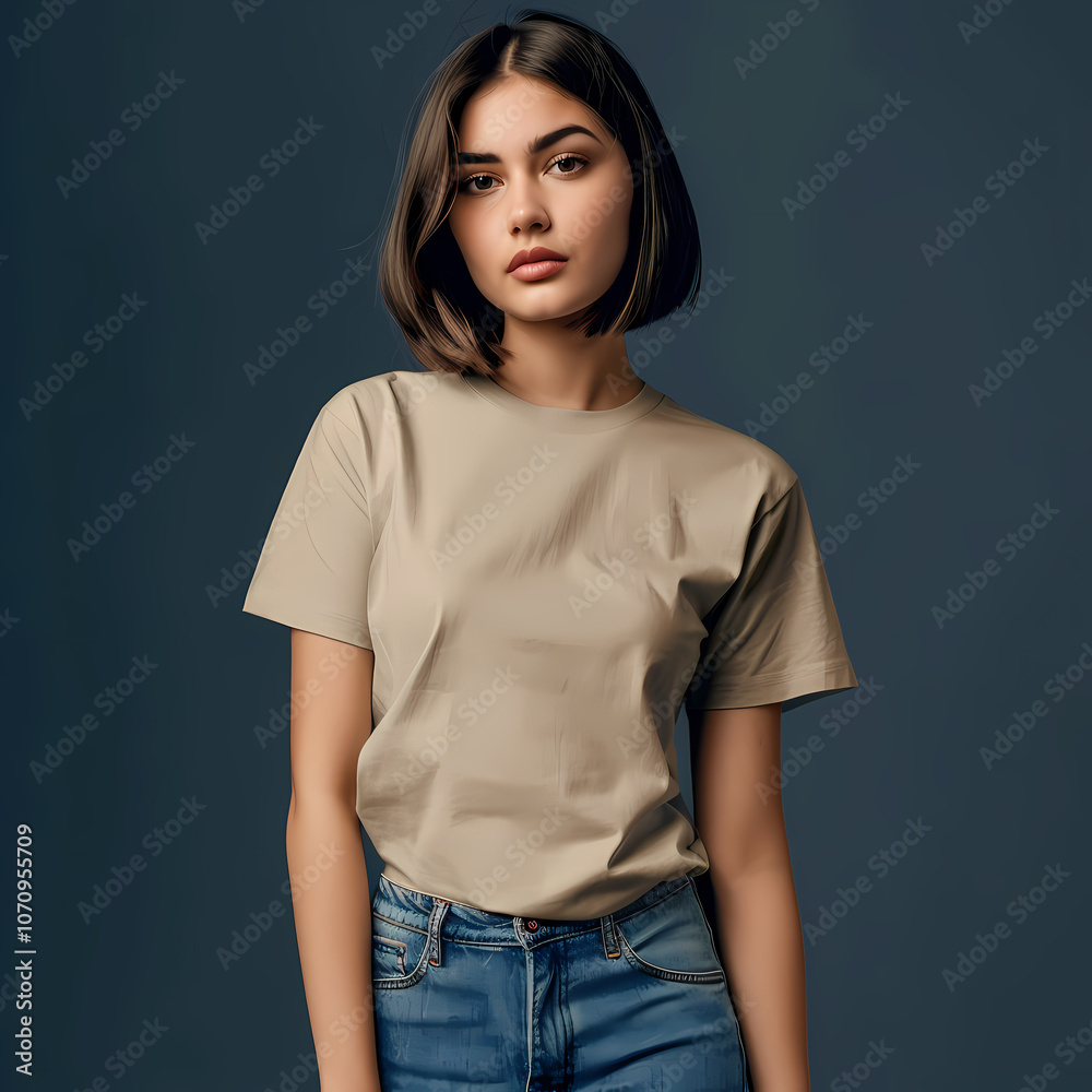 A young Caucasian woman with a bob hairstyle poses confidently in a beige t-shirt and blue jeans against a dark backdrop. A young Caucasian woman with a bob hairstyle poses confidently in a beige t-shirt and blue jeans against a dark backdrop.