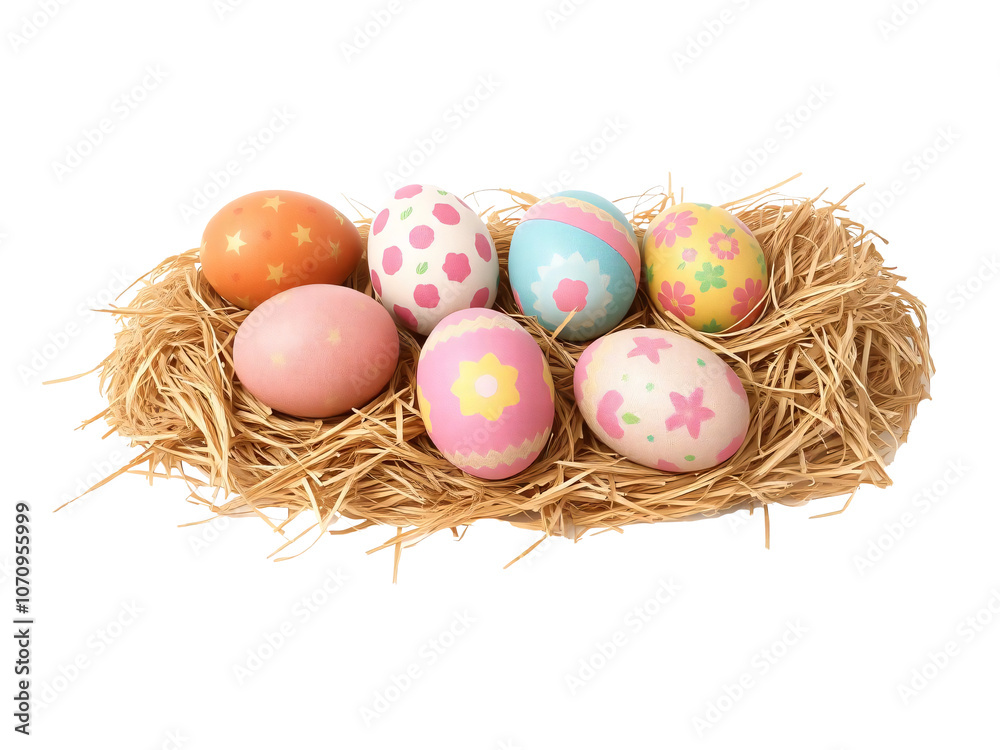 Multi-colored Easter eggs with various patterns on a pile of hay on a white isolated background. Multi-colored Easter eggs with various patterns on a pile of hay on a white isolated background.