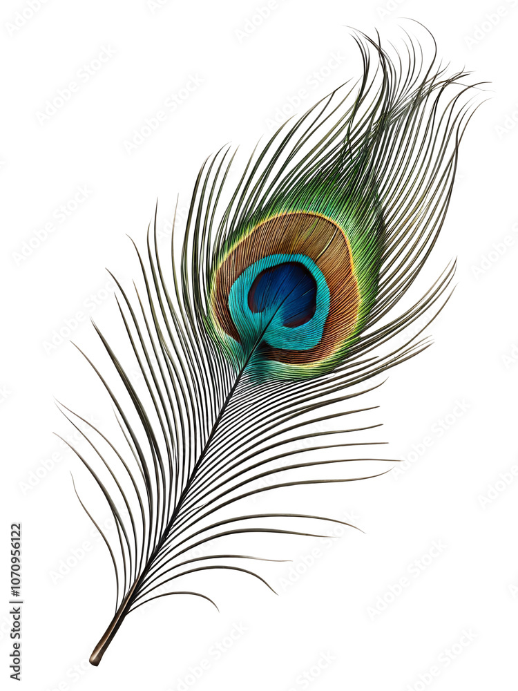 Obraz premium One colorful realistic peacock feather on isolated PNG background.