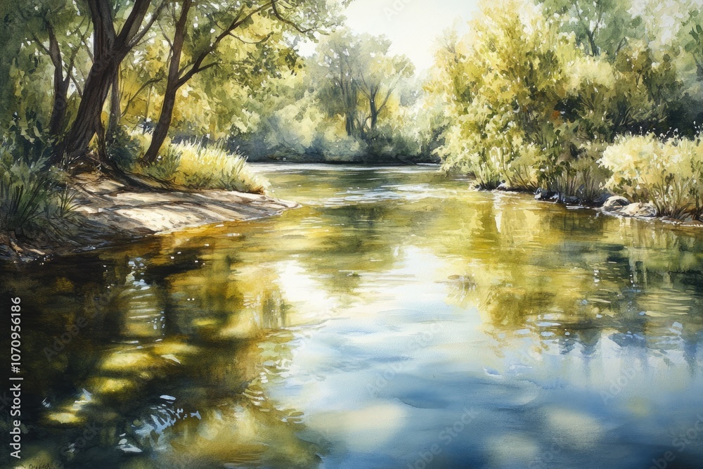 A tranquil watercolor painting of a river flowing through a lush green forest. A tranquil watercolor painting of a river flowing through a lush green forest.