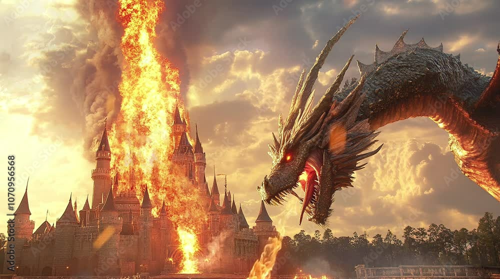 Fearsome dragon attacking a medieval castle with fire and smoke in an epic fantasy battle  
Seamless looping 4k time-lapse virtual video animation Generated AI