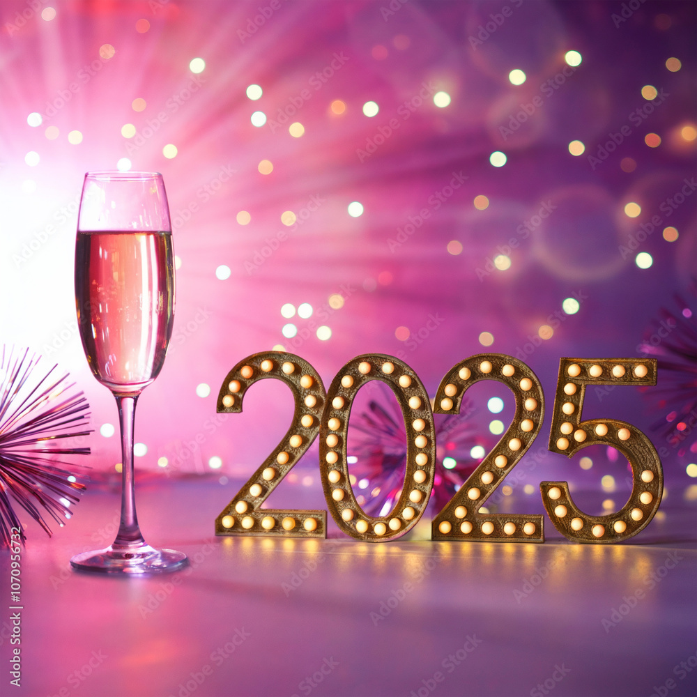 A festive setting with a glass of champagne placed on a surface with vibrant display of pink and purple lights on background with golden happy new year 2025 text A festive setting with a glass of champagne placed on a surface with vibrant display of pink and purple lights on background with golden happy new year 2025 text