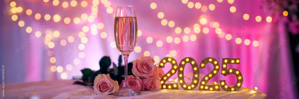 A festive setting with a glass of champagne placed on a surface with vibrant display of pink and purple lights on background with golden 2025 text A festive setting with a glass of champagne placed on a surface with vibrant display of pink and purple lights on background with golden 2025 text