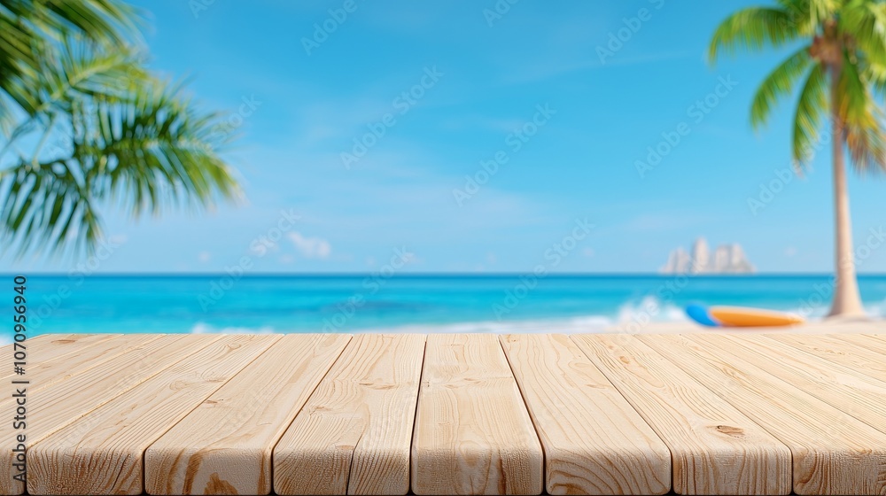 Fototapeta premium Wide wooden table top on blurry beautiful beach scene background Coconut leaf Breakfast product display mockup outside vacation summer day time Resort wood desk board on nature scene: Stock photo