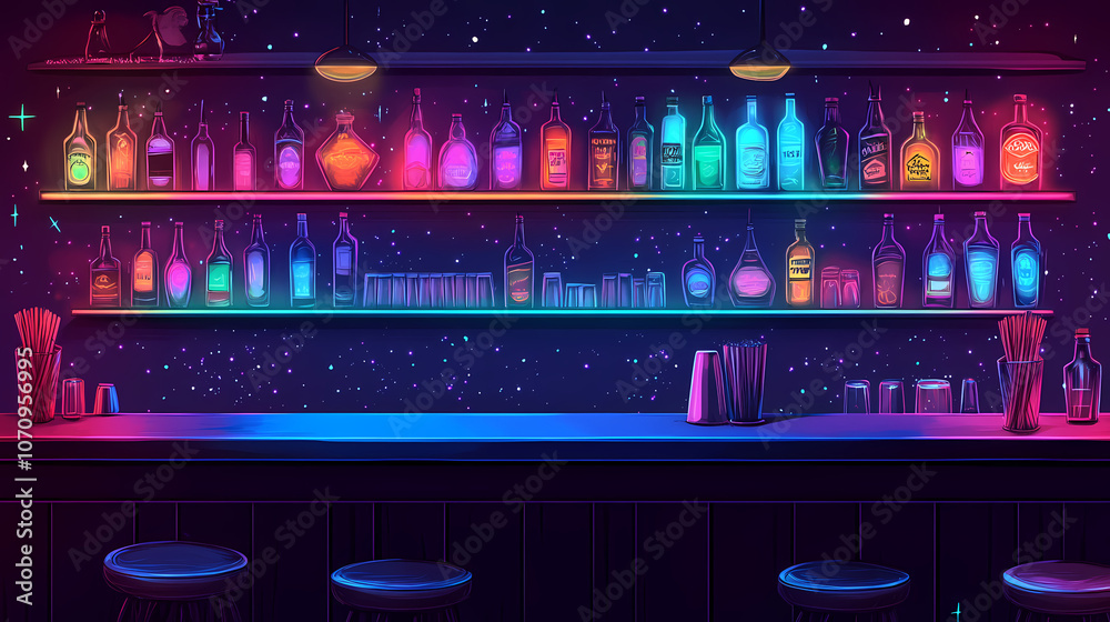 Neon bar counter. Surreal. Illustration Neon bar counter. Surreal. Illustration