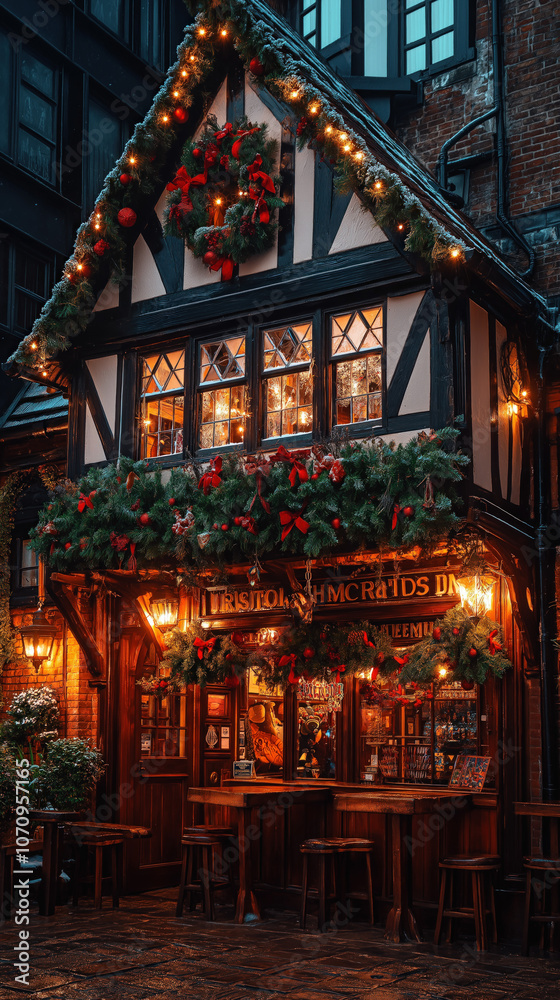 Obraz premium cozy winter scene of a traditional Cornish pub adorned with Christmas decorations, with snow gently falling and patrons enjoying the holiday spirit outside, ideal for a warm smartphone wallpaper