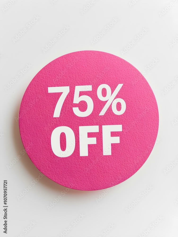 White '75% OFF' Text on a Pink Round Paper Note. White Background White '75% OFF' Text on a Pink Round Paper Note. White Background