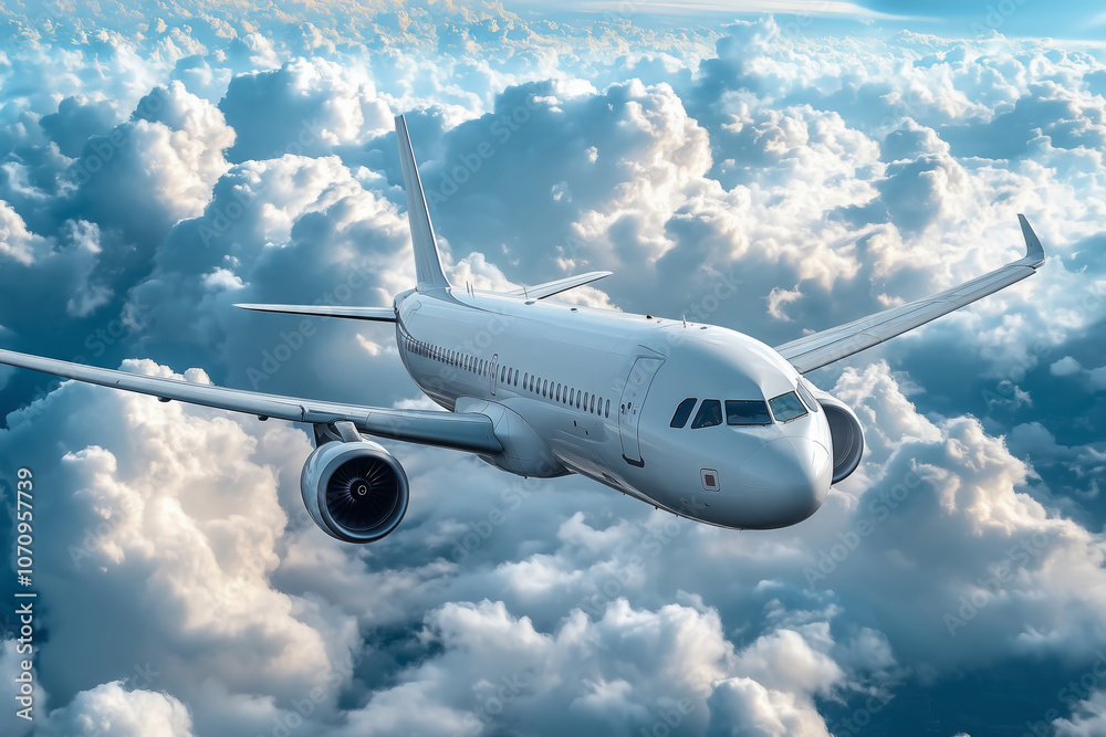 A white passenger airplane soaring gracefully through a sea of clouds A white passenger airplane soaring gracefully through a sea of clouds