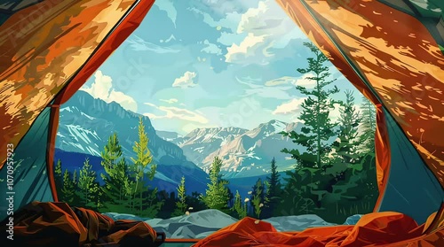 View from tent showing lush forest and rocky mountains on a bright sunny day
Seamless looping 4k time-lapse virtual video animation Generated AI