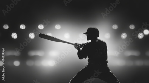 A baseball player in silhouette with a bat, ready to swing, under bright stadium lights. photo