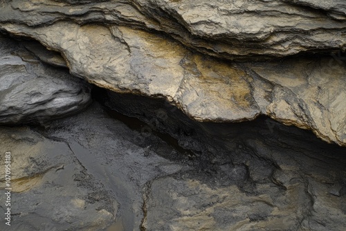 Close-up View of Wet, Gray Rock Formations with a Narrow Crevice