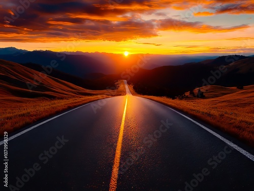 A long empty road in the middle of a field at sunset