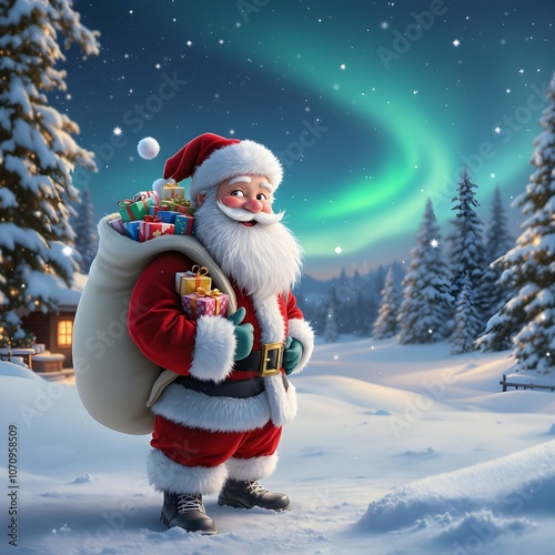 Santa Claus with the bag of gifts on his back, generative AI