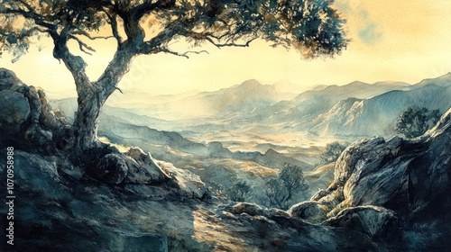 Solitary Tree Overlooking Mountain Valley