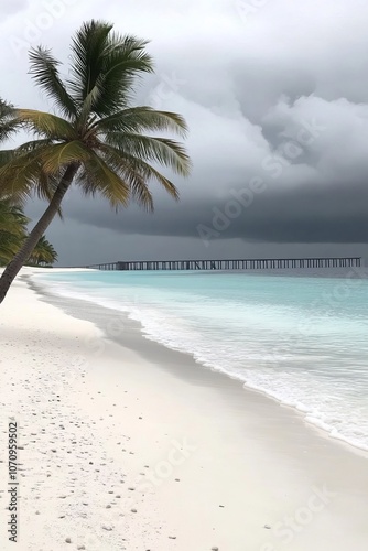 A tropical beach with clear beautiful waters and palm trees  a Maldives island landscape