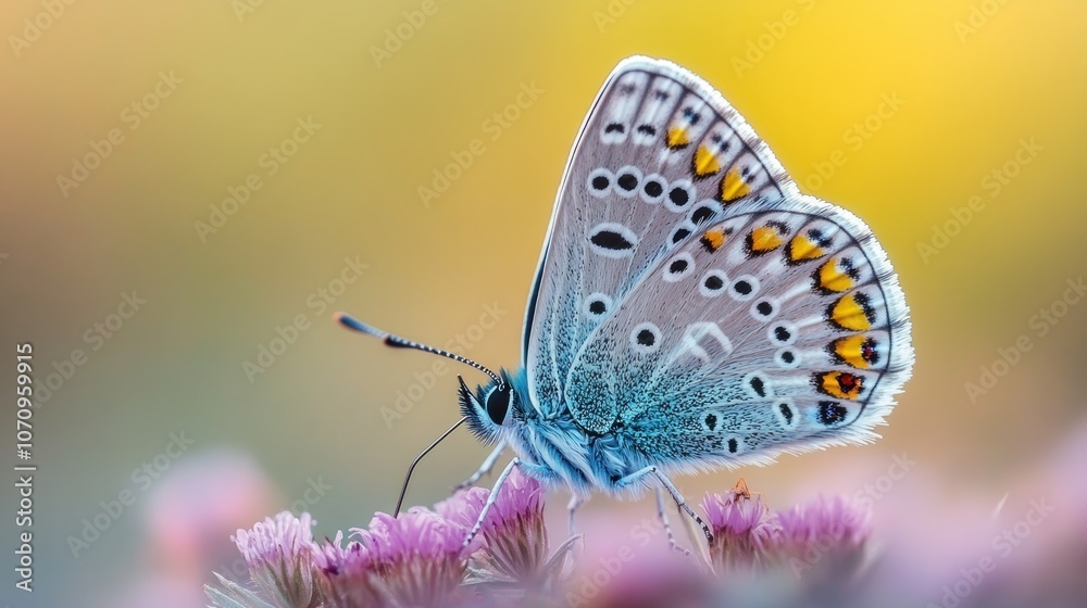 A blue butterfly with orange markings on its wings perches on a pink flower against a yellow and green background. A blue butterfly with orange markings on its wings perches on a pink flower against a yellow and green background.