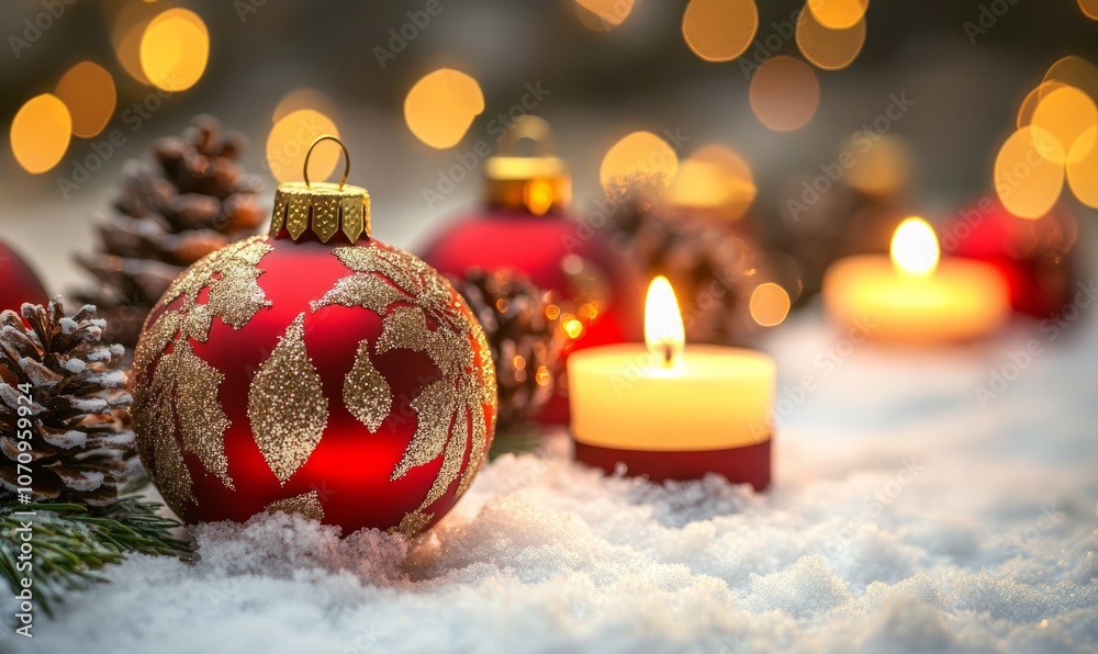 Bright Red and Gold Christmas Ornaments With Candles and Pine Cones Arranged on a Snowy Surface During the Festive Season Bright Red and Gold Christmas Ornaments With Candles and Pine Cones Arranged on a Snowy Surface During the Festive Season
