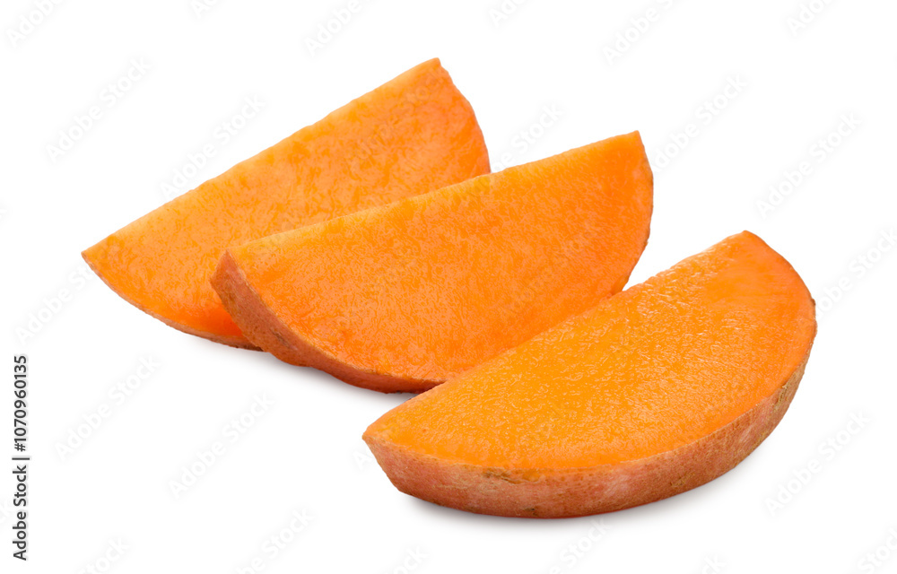 Pieces of raw sweet potato isolated on white Pieces of raw sweet potato isolated on white