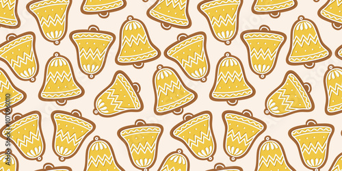 Seamless pattern with yellow gingerbread bell cookies, decorated with white icing on a light background. Perfect for holiday themes, Christmas wrapping, and festive New Year designs. Warm and cozy.
