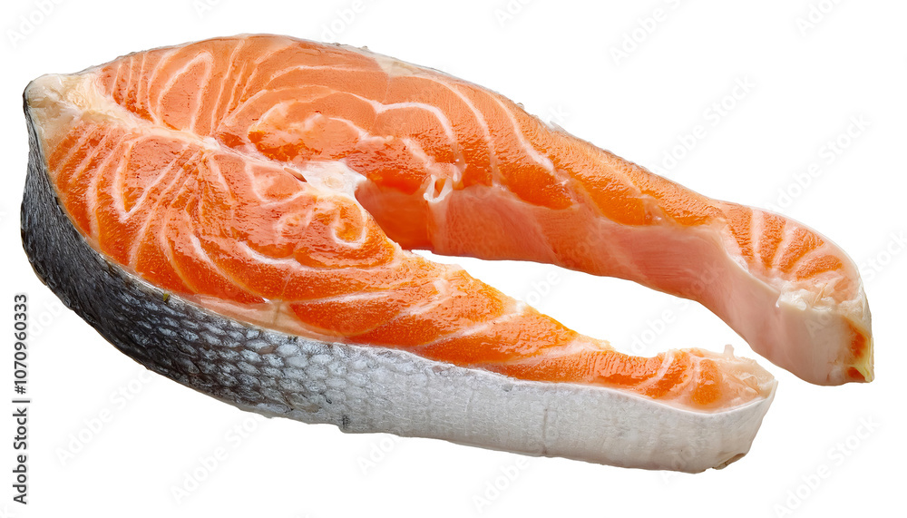 Neatly arranged raw salmon slices on a white backdrop, emphasizing their freshness and appealing color Neatly arranged raw salmon slices on a white backdrop, emphasizing their freshness and appealing color