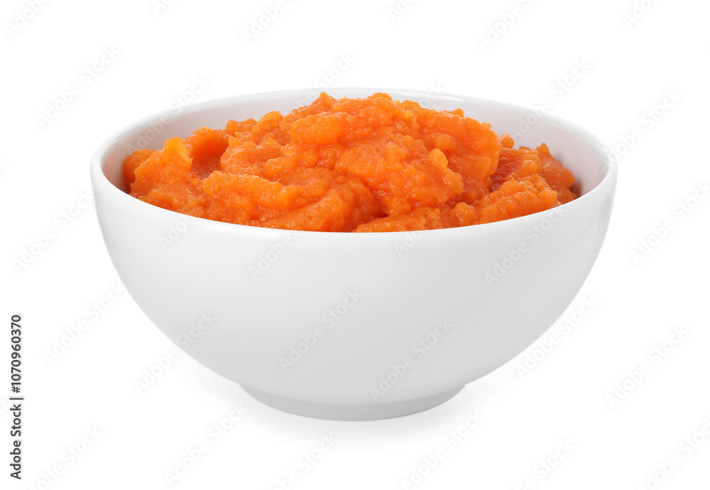 Tasty mashed sweet potato in bowl isolated on white Tasty mashed sweet potato in bowl isolated on white