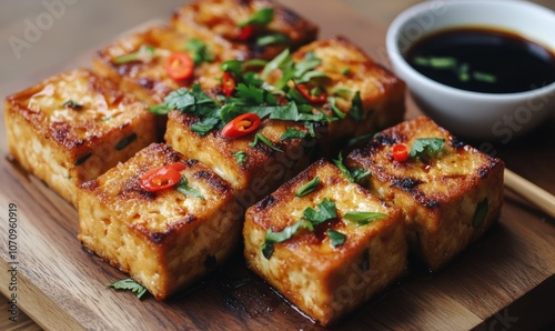 Cubes of golden fried tofu are artfully arranged on a wooden cutting board, topped with fresh herbs and chilies, accompanied by a small bowl of soy sauce and chopsticks