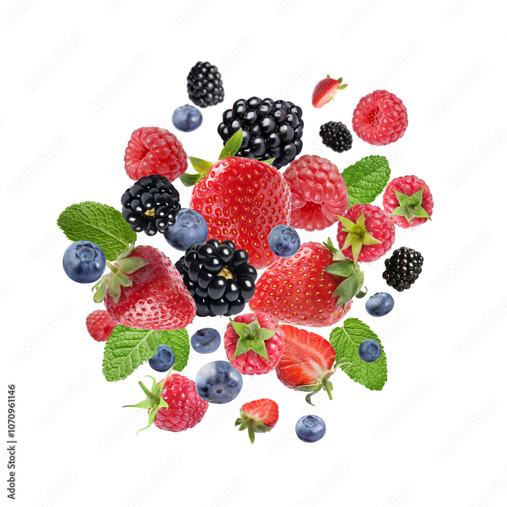 Mix of fresh berries in air on white background Mix of fresh berries in air on white background