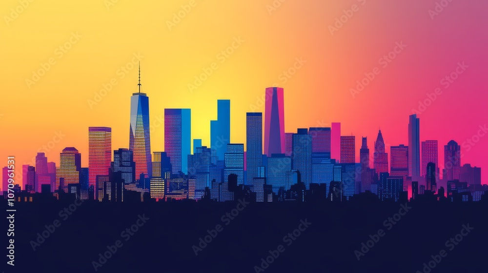 Naklejka premium A colorful silhouette of a city skyline with skyscrapers against a vibrant sunset.