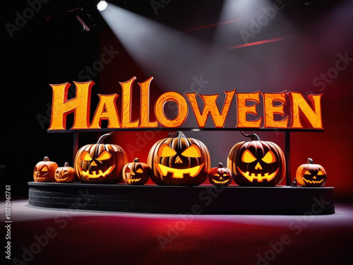 Halloween text, with several carved pumpkins lit from within - vector.