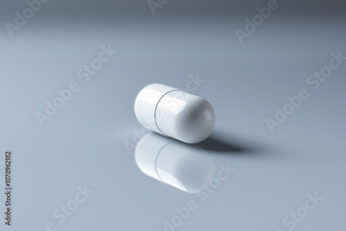 White pill on a smooth gray background with reflection