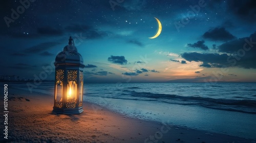 A serene beach scene at twilight with a lantern and crescent moon illuminating the shore.