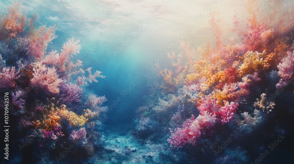 Vibrant coral reef with sunlight shining through the water. Vibrant coral reef with sunlight shining through the water.