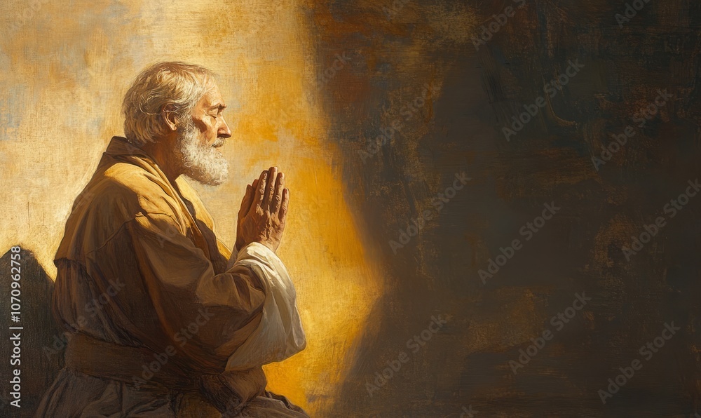 Biblical figure in quiet reflection, hands clasped in prayer, bathed in warm light Biblical figure in quiet reflection, hands clasped in prayer, bathed in warm light