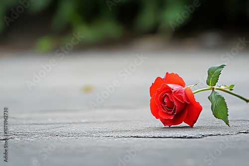  Rosa roja colocada en el suelo de cemento, destacando su belleza en un ambiente simple y melancólico, ideal para expresar amor en San Valentín.

 photo