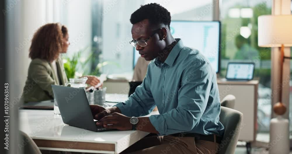 Business people, man and laptop in office, typing and research for sales, app and internet. Employees, coworkers and consulting with computer, planning and connection with website info and agency