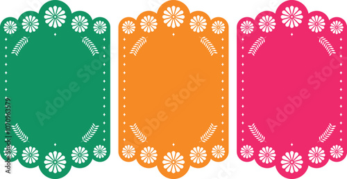 Set of Papel Picado vector templates with place for text. Mexican paper decorations. Isolated vector illustration.