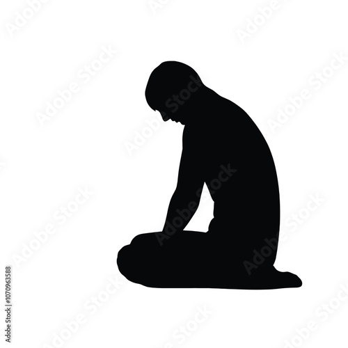 a black silhouette of a person sitting on the ground. The person is sitting with their legs crossed and their head resting on their knees