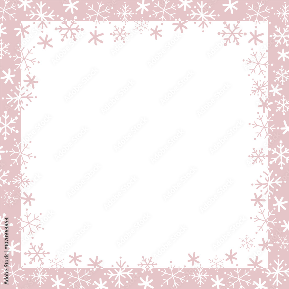 Snowflake Square Frame. Winter Holiday Background. Christmas Greeting Card Template. Free Space for Your Text. Vector Illustration in Pink, White Snowflake Square Frame. Winter Holiday Background. Christmas Greeting Card Template. Free Space for Your Text. Vector Illustration in Pink, White