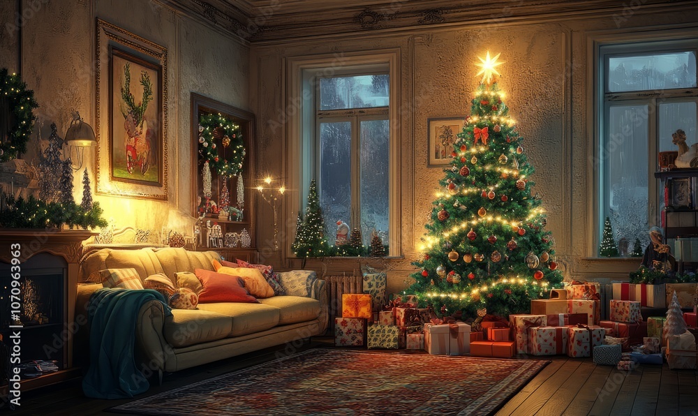 Cozy living room decorated for Christmas with a Christmas tree adorned with lights and ornaments, and wrapped gifts under the tree. Cozy living room decorated for Christmas with a Christmas tree adorned with lights and ornaments, and wrapped gifts under the tree.