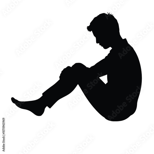 a black silhouette of a person sitting on the ground. The person is sitting with their legs crossed and their head resting on their knees