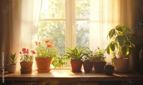 Cozy living space with pots and plants on a wooden table, warm sunlight streaming in