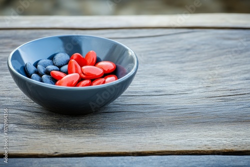  Drajes en tonos rojos y azules presentados en un cuenco oscuro sobre una mesa de madera rústica. La composición simple resalta los colores y texturas de los caramelos.

