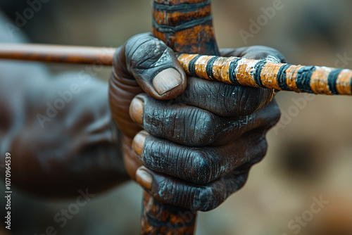 a San hunters hand gripping a traditional bow and arrow. photo