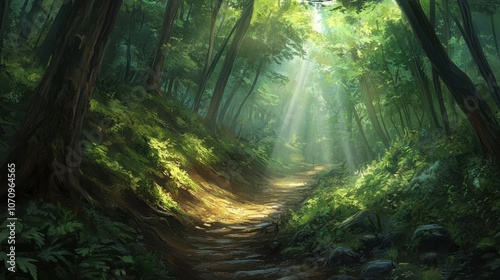 A sunlit path winds through a lush green forest.