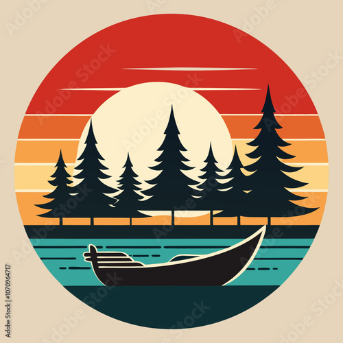 Lake silhouette with canoe and trees on retro vintage vector illustration