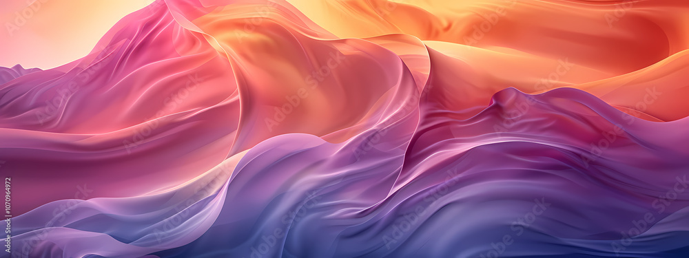 Fototapeta premium A vibrant abstract landscape of flowing fabric-like textures in hues of pink, orange, and purple, evoking a sense of tranquility and warmth.