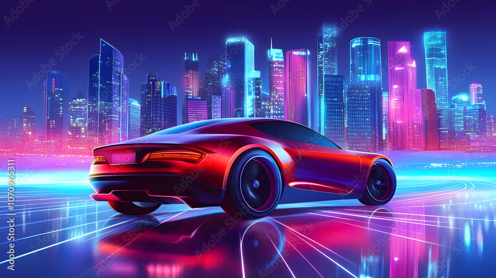 A red sports car drives through a futuristic city at night, with neon lights reflecting off the wet asphalt.