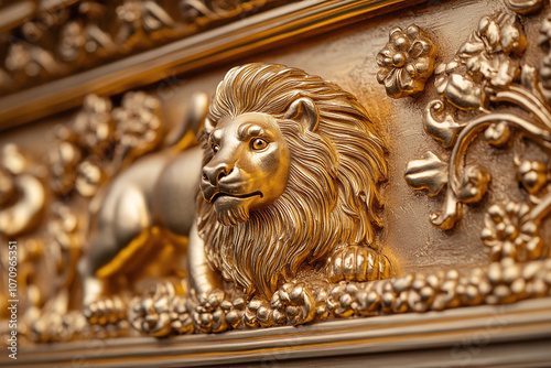 golden lion and bull motifs symbolizing Persian royalty. photo