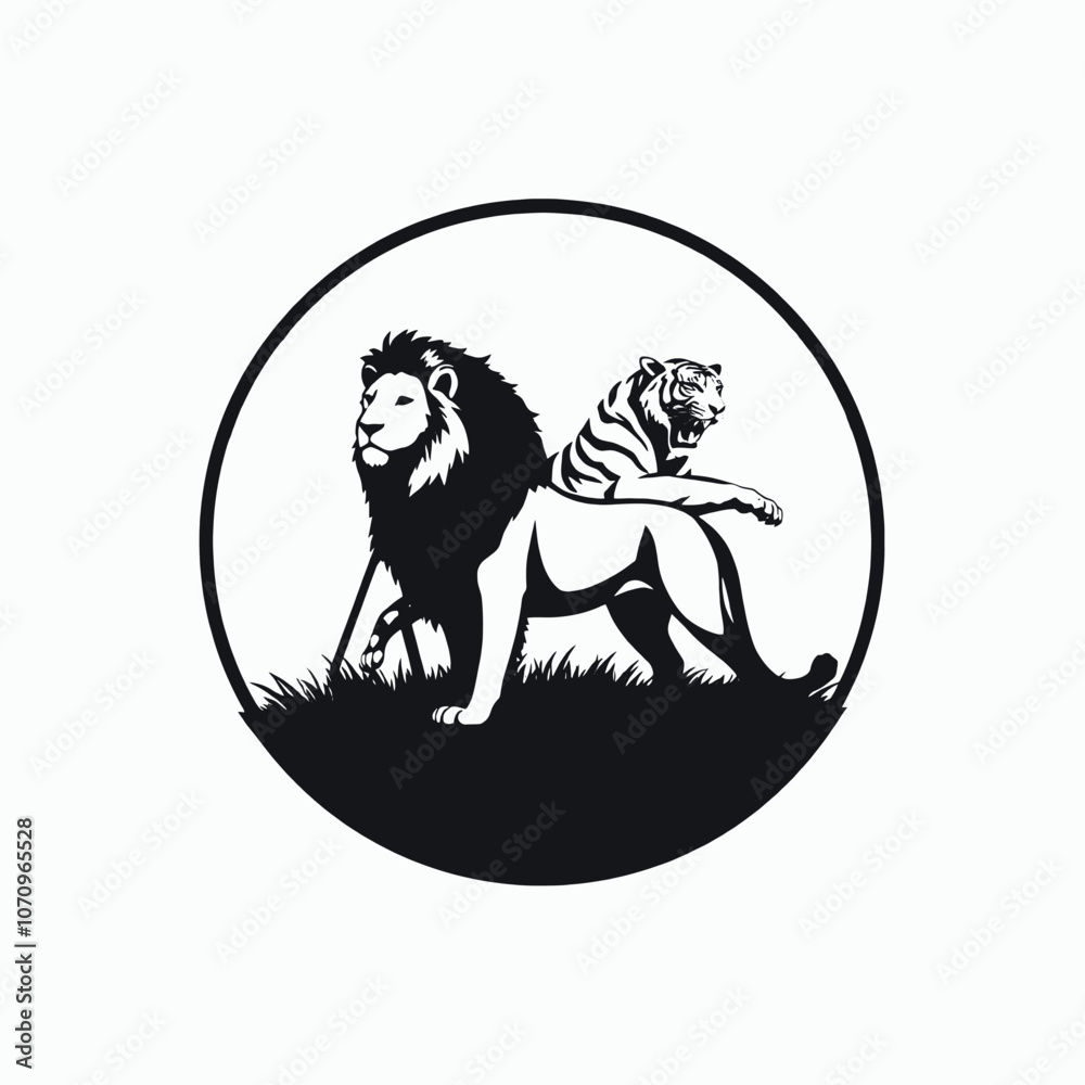 a silhouette of a Inside a circle is a lion standing on some grass with a tiger trying to attack him a silhouette of a Inside a circle is a lion standing on some grass with a tiger trying to attack him