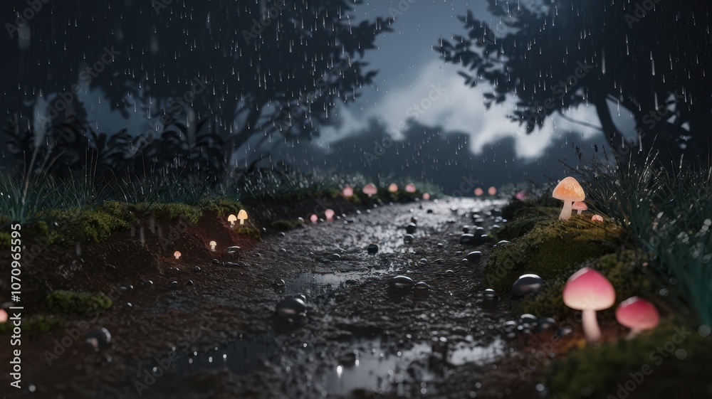 Fototapeta premium Rainy Night Forest Path with Glowing Pink Mushrooms